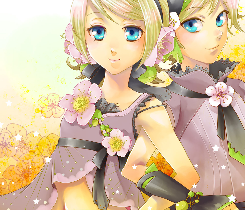 1girl alternate_costume bad_id bad_pixiv_id blonde_hair blue_eyes brother_and_sister flower kagamine_len kagamine_rin lipstick locked_arms makeup midriff navel plum_blossoms siblings smile strap_slip toba_k twins vocaloid
