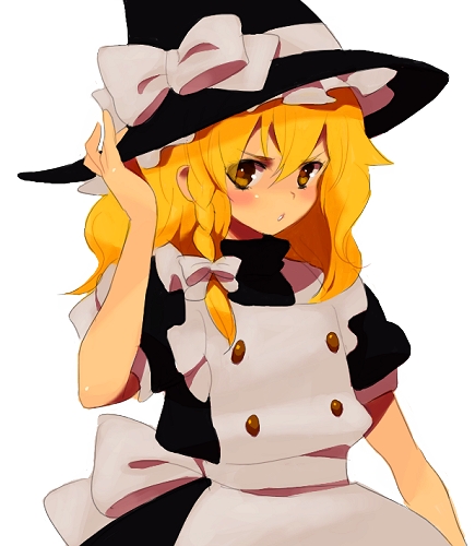 bad_id bad_pixiv_id blonde_hair blush hat hirosuke_(psychexx) kirisame_marisa long_hair looking_at_viewer lowres simple_background solo touhou white_background witch_hat