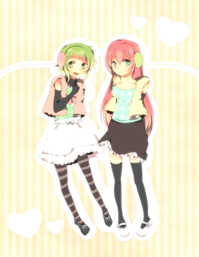 arms_behind_back green_eyes green_hair gumi happy_synthesizer_(vocaloid) heart long_hair looking_at_viewer megurine_luka multiple_girls pantyhose pink_hair short_hair smile striped striped_legwear tenma_(xxx) thighhighs very_long_hair vocaloid