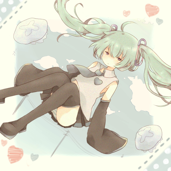 detached_sleeves green_hair hatsune_miku heart long_hair necktie panties skirt sleeves_past_wrists solo striped striped_panties tenma_(xxx) thighhighs twintails underwear vocaloid