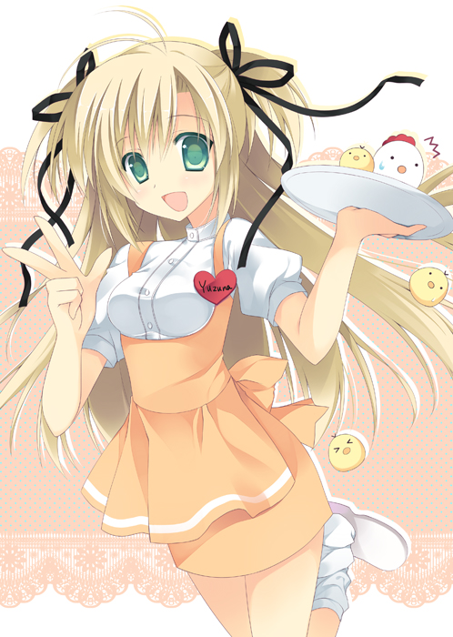 &gt;_&lt; 1girl :d anna_miller bad_id bad_pixiv_id bird blonde_hair chick chicken closed_eyes copyright_request cowboy_shot green_eyes hair_ribbon leg_up looking_at_viewer open_mouth orange_skirt purinko ribbon shoes skirt smile standing standing_on_one_leg suspenders tareme tray waitress