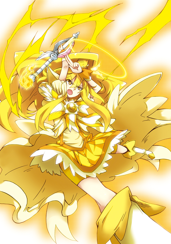 bike_shorts blonde_hair boots bow choker cure_peace electricity hair_flaps hair_ornament kise_yayoi long_hair magical_girl o5o3 open_mouth ponytail precure princess_form_(smile_precure!) shorts shorts_under_skirt skirt smile smile_precure! solo staff wrist_cuffs yellow yellow_bow yellow_eyes yellow_shorts yellow_skirt