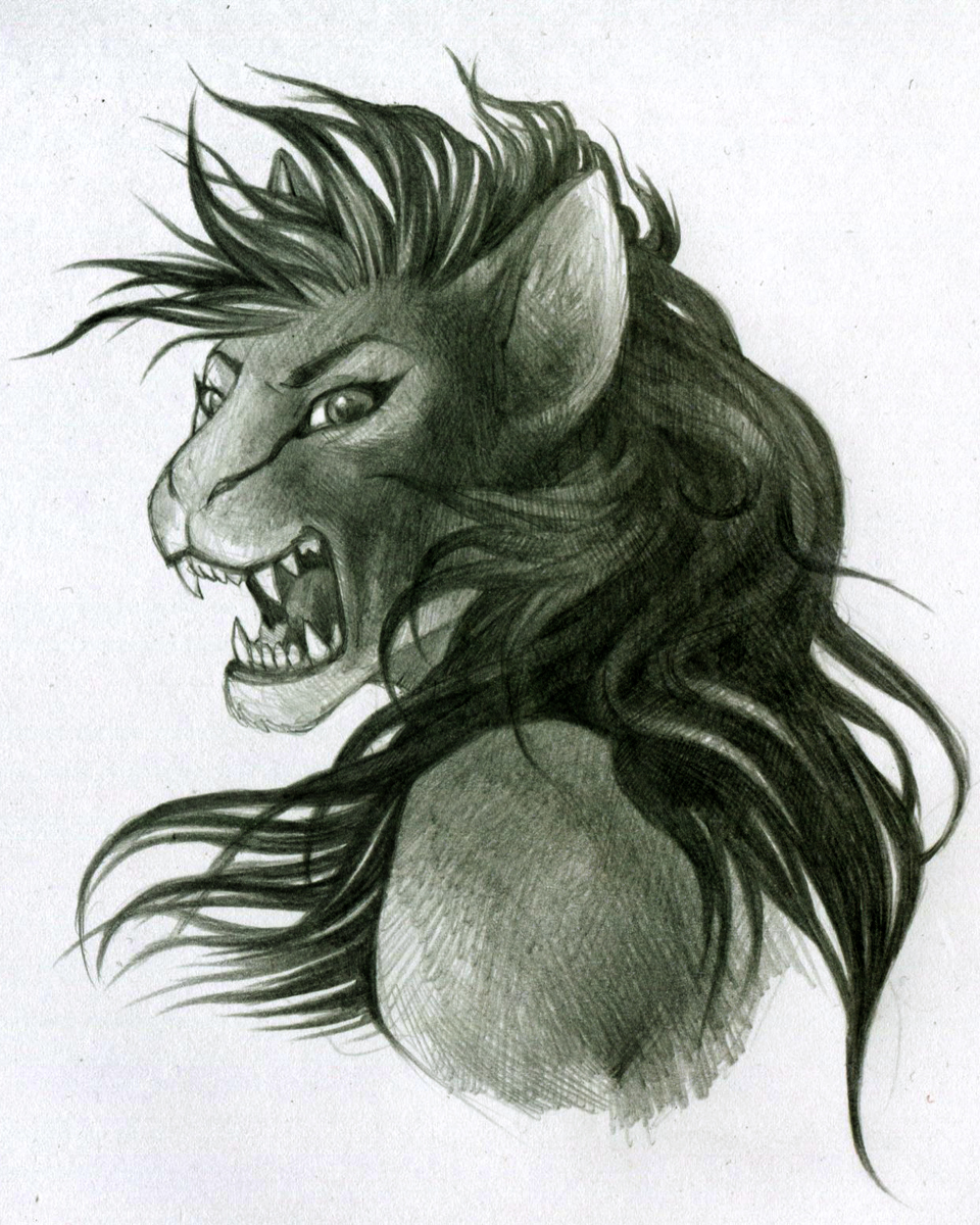 ambiguous_gender bust draconid dragon fangs feline female hair harag hybrid liogron lion long_hair looking_at_viewer mammal monochrome open_mouth portrait roaring solo tankana