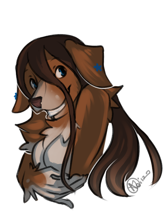 adiago blue_eyes breasts brown_hair bust canine dog female grin hair long_hair looking_at_viewer solo