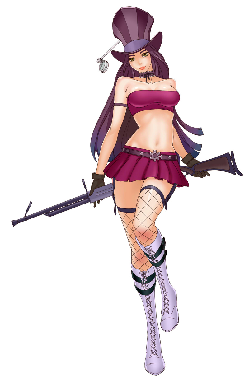 bad_id bad_pixiv_id bandeau belt boots breasts brown_eyes caitlyn_(league_of_legends) choker cleavage cross-laced_footwear fishnet_legwear fishnets garter_straps gloves gun hat highres large_breasts league_of_legends legs lipstick long_hair makeup midriff miniskirt navel pleated_skirt preter purple_hair rifle shirt skindentation skirt sniper_rifle solo strapless taut_clothes taut_shirt thighhighs thighs tubetop weapon