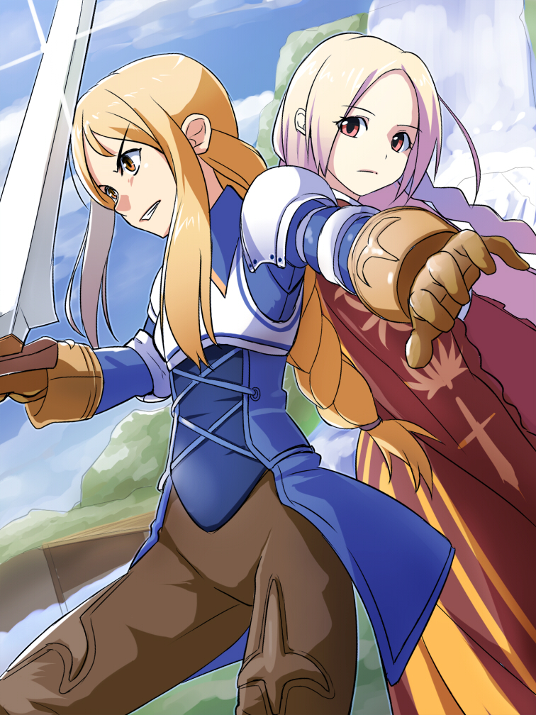 agrias_oaks armor blonde_hair braid brown_eyes cape final_fantasy final_fantasy_tactics gloves level.21 long_hair multiple_girls ovelia_atkascha red_eyes single_braid sword weapon