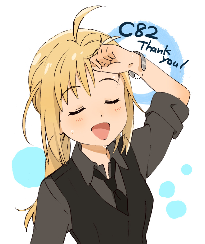 :d ahoge artoria_pendragon_(all) bad_id bad_pixiv_id blonde_hair bracelet fate/zero fate_(series) formal jewelry long_hair necktie open_mouth ponytail saber smile solo umishima_senbon vest waistcoat wiping_sweat