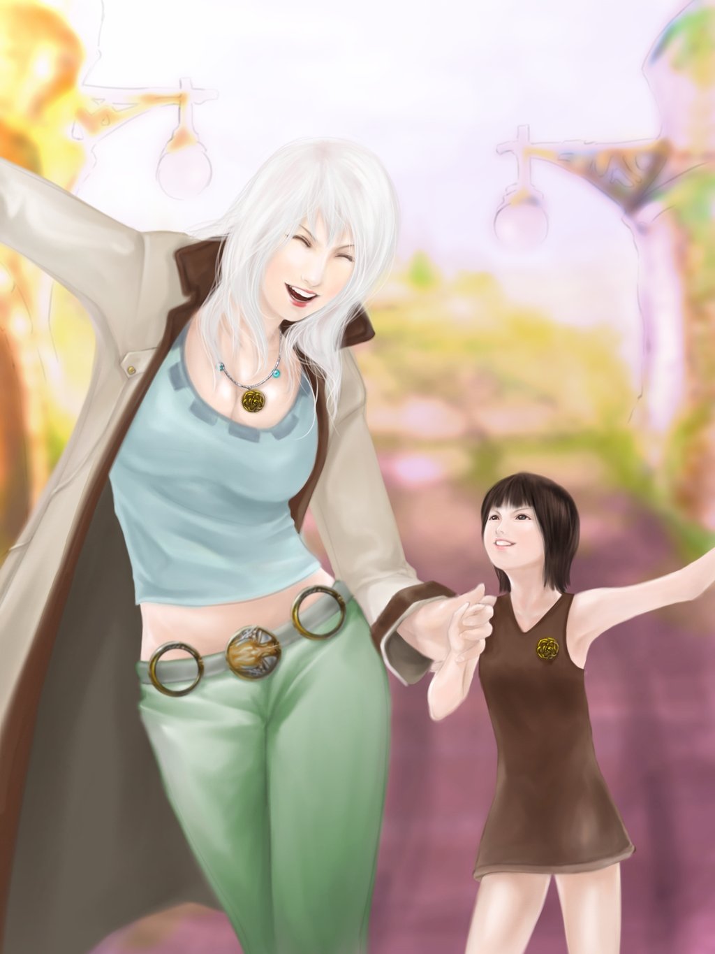 2girls belt black_hair daughter dress family female hand_holding highres jacket jewelry mother multiple_girls necklace nico_olivia nico_olvia nico_robin one_piece smile white_hair