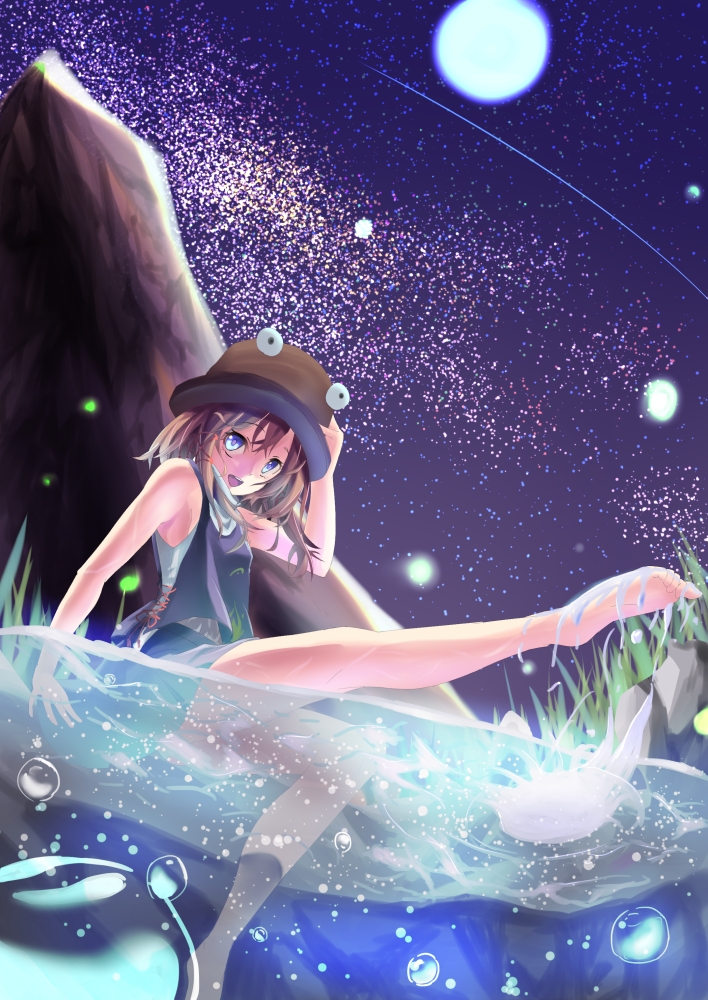 armpits barefoot blonde_hair blue_eyes bubble eyes grass hat moon moriya_suwako night open_mouth rock saraki short_hair sky sleeveless solo star_(sky) starry_sky touhou water