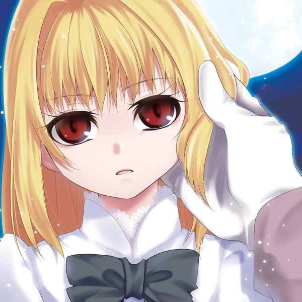 arcueid_brunestud blonde_hair bow full_moon holding holding_hair moon nina_(pastime) red_eyes solo tsukihime younger