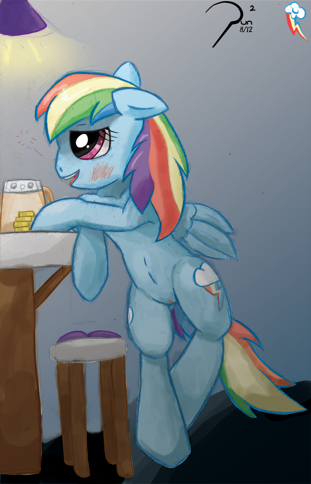 alcohol animal_ears beverage blush cutie_mark drunk equine female feral friendship_is_magic hair horse inside mammal multi-colored_hair my_little_pony nude open_mouth pegasus pony pun-pun pussy rainbow_dash_(mlp) rainbow_hair smile solo wings