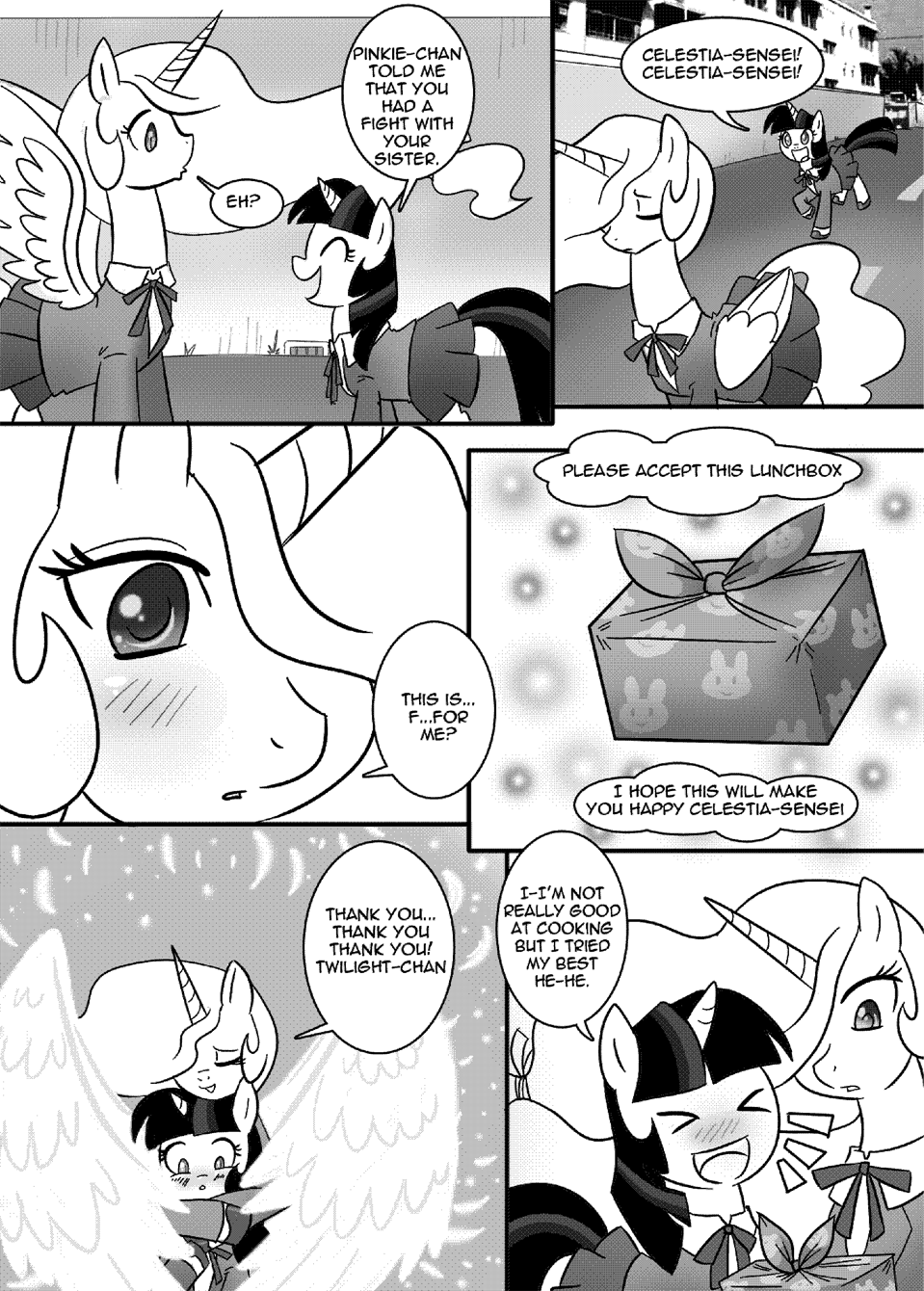 blush clothing comic dialog dialogue duo english_text equine female feral friendship_is_magic gift horn horse madmax mammal monochrome my_little_pony pony princess princess_celestia_(mlp) royalty text twilight_sparkle_(mlp) unicorn winged_unicorn wings