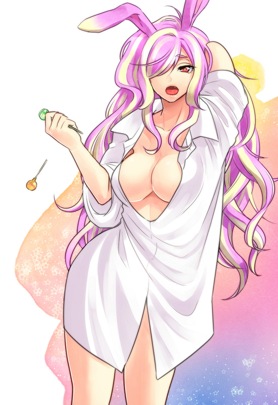 animal_ears bad_id bad_pixiv_id bottomless breasts bunny_ears candy centi-m cleavage fang food large_breasts lollipop long_hair long_sleeves multicolored_hair open_mouth original red_eyes shirt sleeves_pushed_up solo two-tone_hair wavy_hair white_hair