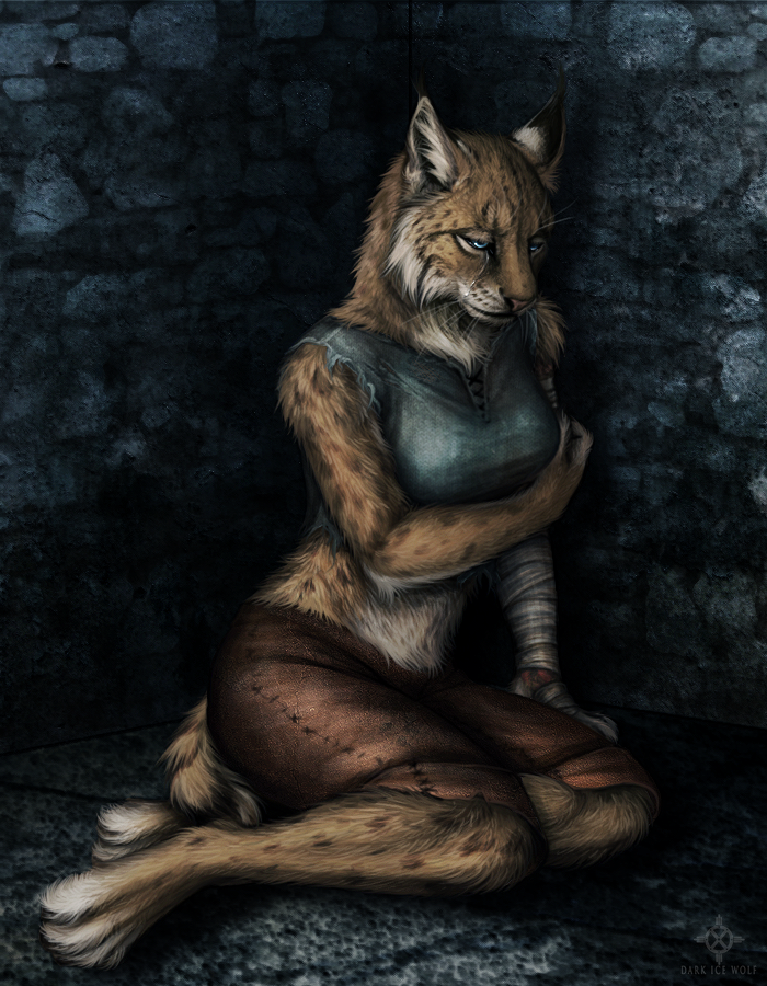 clothing crying darkicewolf feline female lynx mammal sad solo torn_clothing