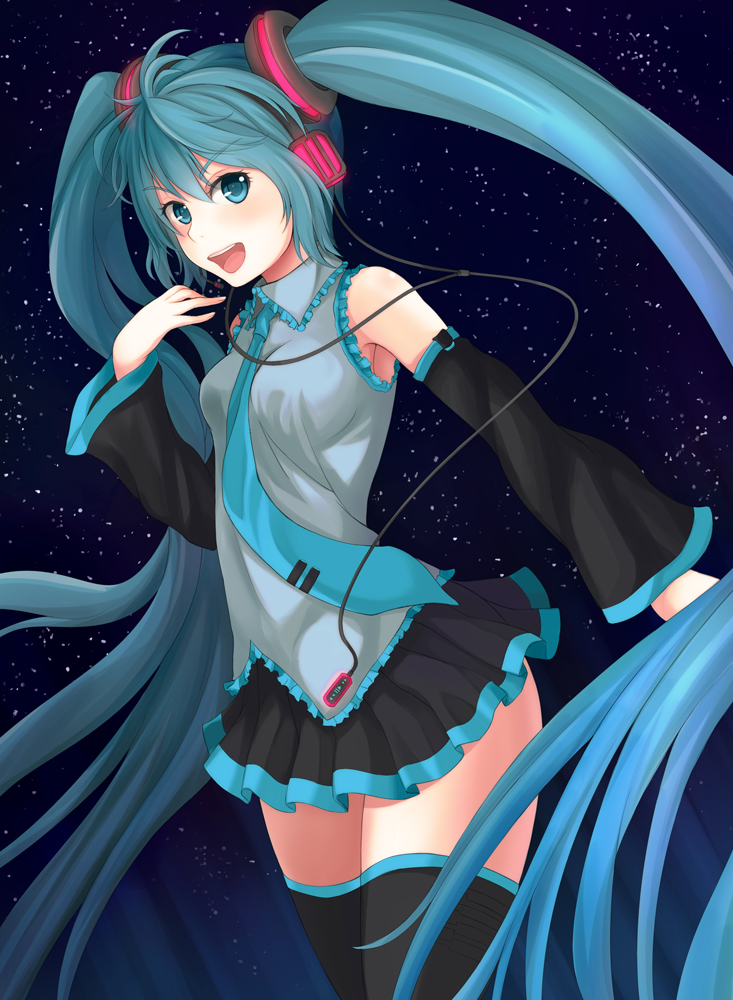 :d aqua_eyes aqua_hair bad_id bad_pixiv_id detached_sleeves hatsune_miku headphones long_hair looking_at_viewer necktie open_mouth skirt smile solo star_(sky) thighhighs twintails very_long_hair vocaloid willgoon zettai_ryouiki