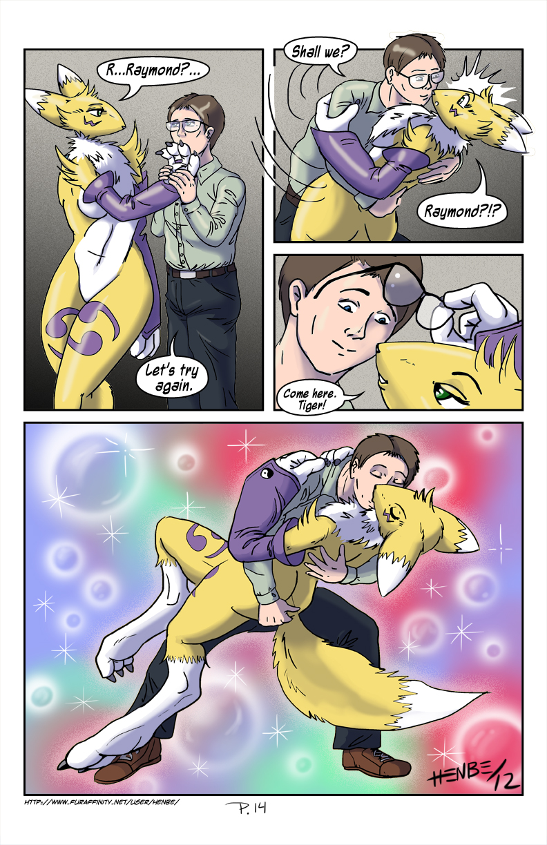 anthro bed blue blue_eyes blush breasts brothers butt butt_grab canine comic digimon digiphilia duo english_text eyes eyewear female fox glasses green_eyes henbe human humor interspecies kissing like_family_by_henbe male mammal nervous renamon sibling siblings text