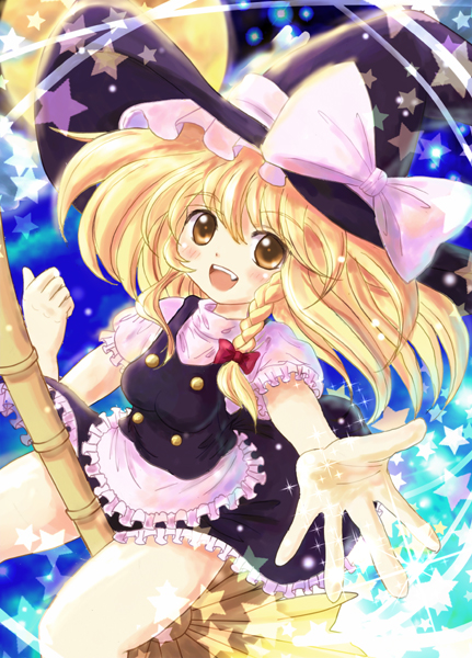 apron blonde_hair blush bow braid broom daiso hat hat_bow kirisame_marisa long_hair open_mouth puffy_sleeves short_sleeves side_braid single_braid solo star touhou white_bow witch_hat yellow_eyes