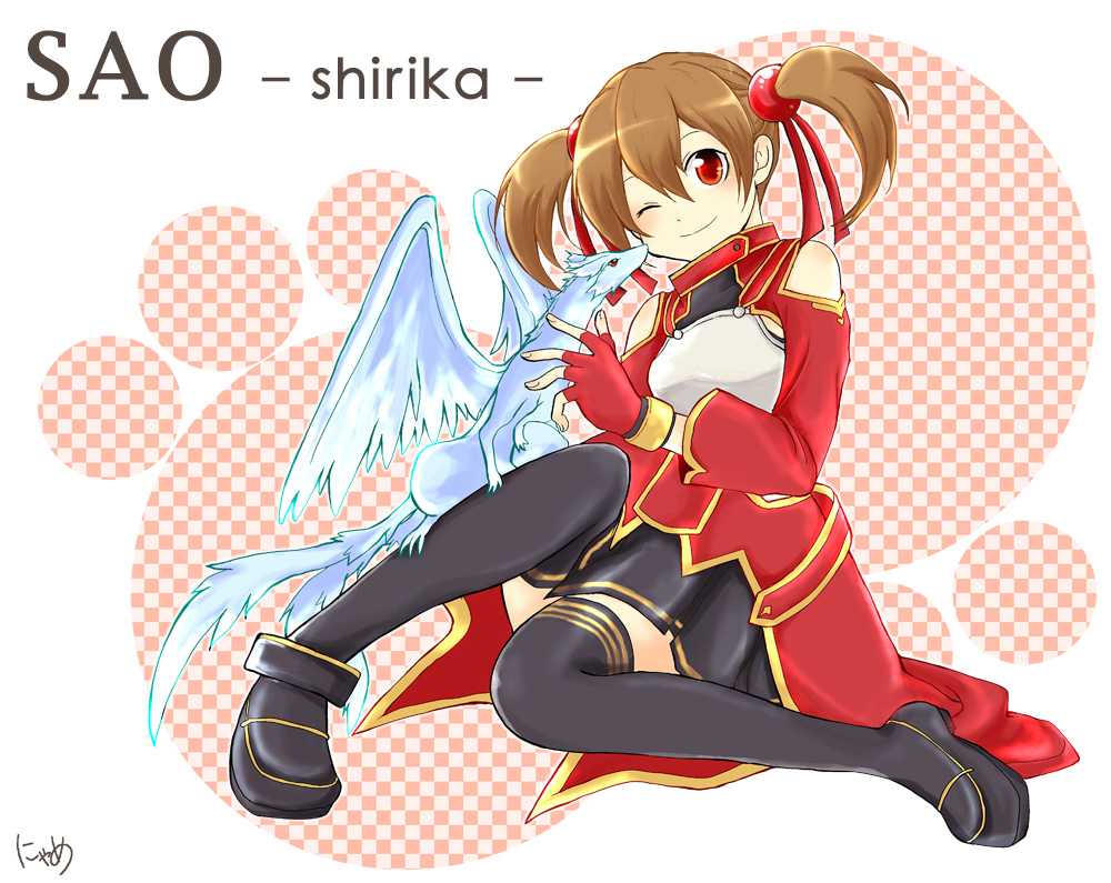 ;) bad_id bad_pixiv_id black_legwear breastplate brown_hair character_name copyright_name fingerless_gloves gloves hair_ribbon nyame one_eye_closed pina_(sao) red_eyes ribbon short_twintails silica sitting smile sword_art_online thighhighs twintails