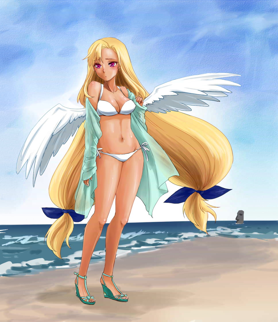 angel beach bikini blonde_hair day long_hair open_toe_shoes paimin purple_eyes robe shoes solo swimsuit twintails virtue_(waguruma!) waguruma!