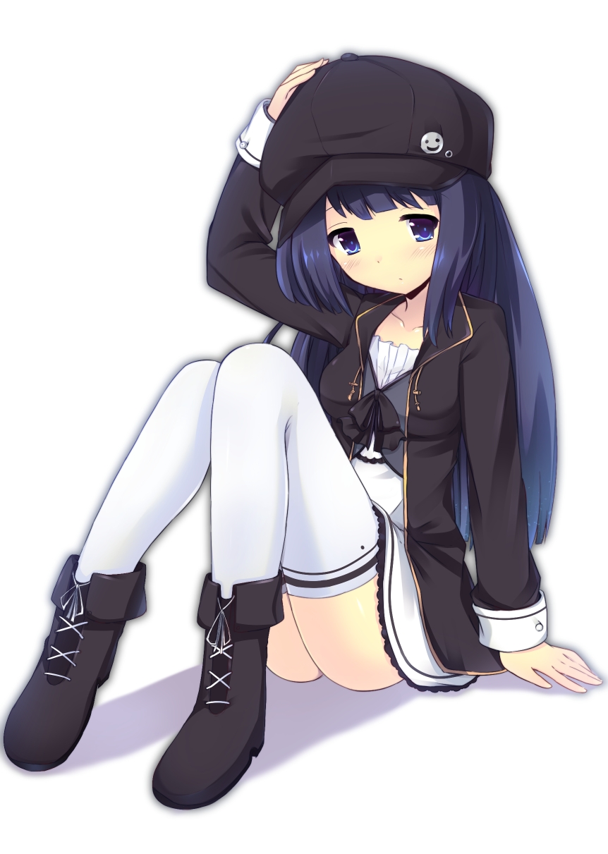 1girl black_hair blue_eyes blush boots breasts dress frown hat highres jacket kuroi_(night_sky) long_hair original ribbon simple_background sitting snow_(gi66gotyo) solo the_star_of_promise_in_this_night_sky thighhighs very_long_hair white_background white_legwear