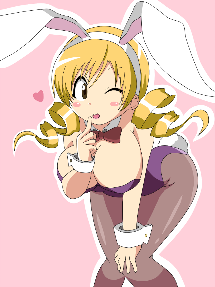 animal_ears bad_id bad_pixiv_id bent_over blonde_hair blush_stickers bow bowtie breasts bunny_ears bunnysuit cleavage detached_collar drill_hair hoshino. huge_breasts long_hair mahou_shoujo_madoka_magica one_eye_closed pantyhose tomoe_mami twin_drills twintails wrist_cuffs yellow_eyes