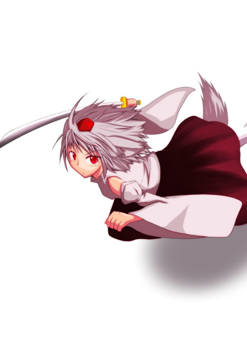 clses detached_sleeves hat highres inubashiri_momiji red_eyes short_hair silver_hair solo sword tail tokin_hat touhou weapon white_background wide_sleeves wolf_tail