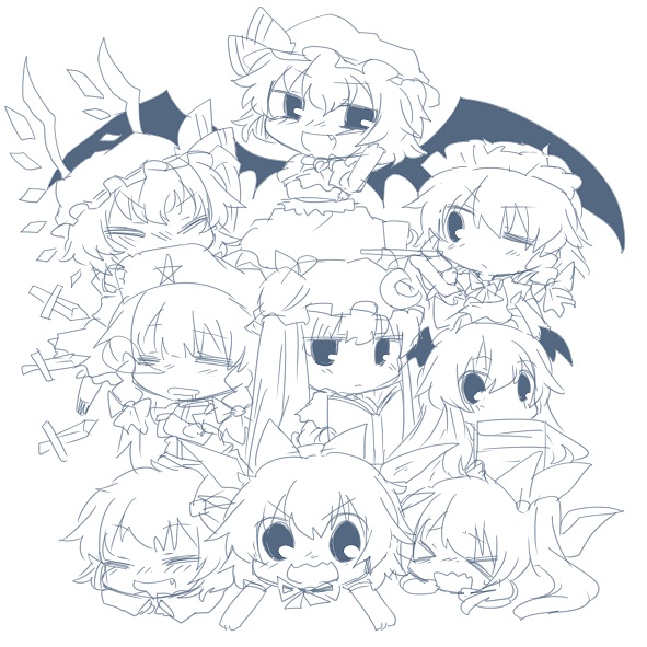 &gt;_&lt; =_= ascot bat_wings blush book bow braid bubble carrying cirno closed_eyes crescent crossed_arms crystal cup daiyousei demon_wings everyone fang flandre_scarlet greyscale hair_bow hair_ribbon hat head_wings hong_meiling ice ice_wings izayoi_sakuya koakuma long_hair long_sleeves maid maid_headdress monochrome multiple_girls one_eye_closed open_mouth patchouli_knowledge puffy_sleeves rebecca_(keinelove) remilia_scarlet ribbon rumia short_hair short_sleeves side_ponytail sleeping the_embodiment_of_scarlet_devil touhou tray twin_braids wings