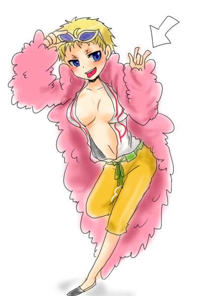 1girl blonde_hair breasts cleavage donquixote_doflamingo female genderswap one_piece open_clothes open_shirt pixiv_thumbnail resized shirt short_hair simple_background sk5789 solo sunglasses tongue