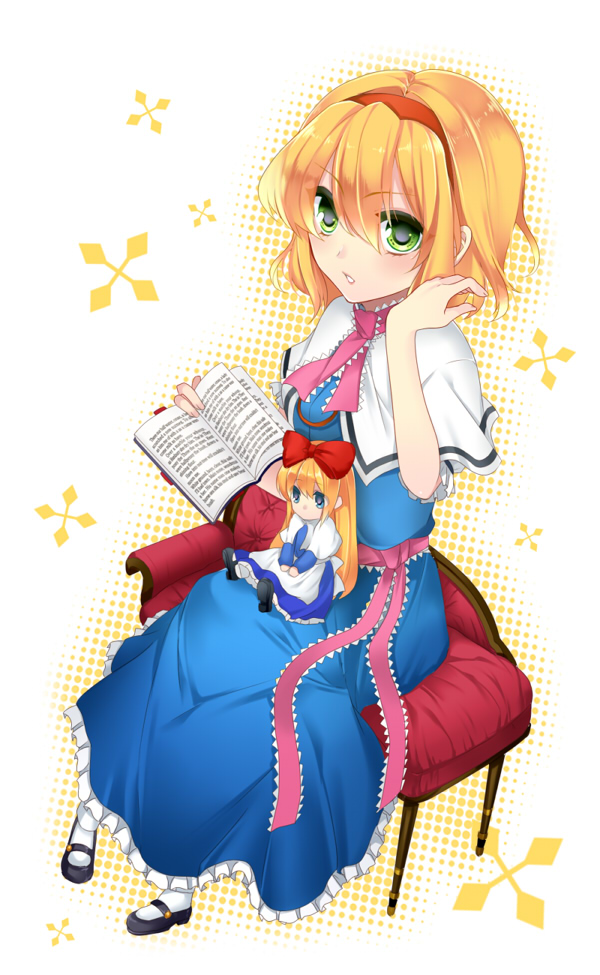 alice_margatroid bad_id bad_pixiv_id blonde_hair blush book capelet green_eyes hairband holding holding_book mi_(liki1020) open_book shanghai_doll short_hair sitting solo touhou