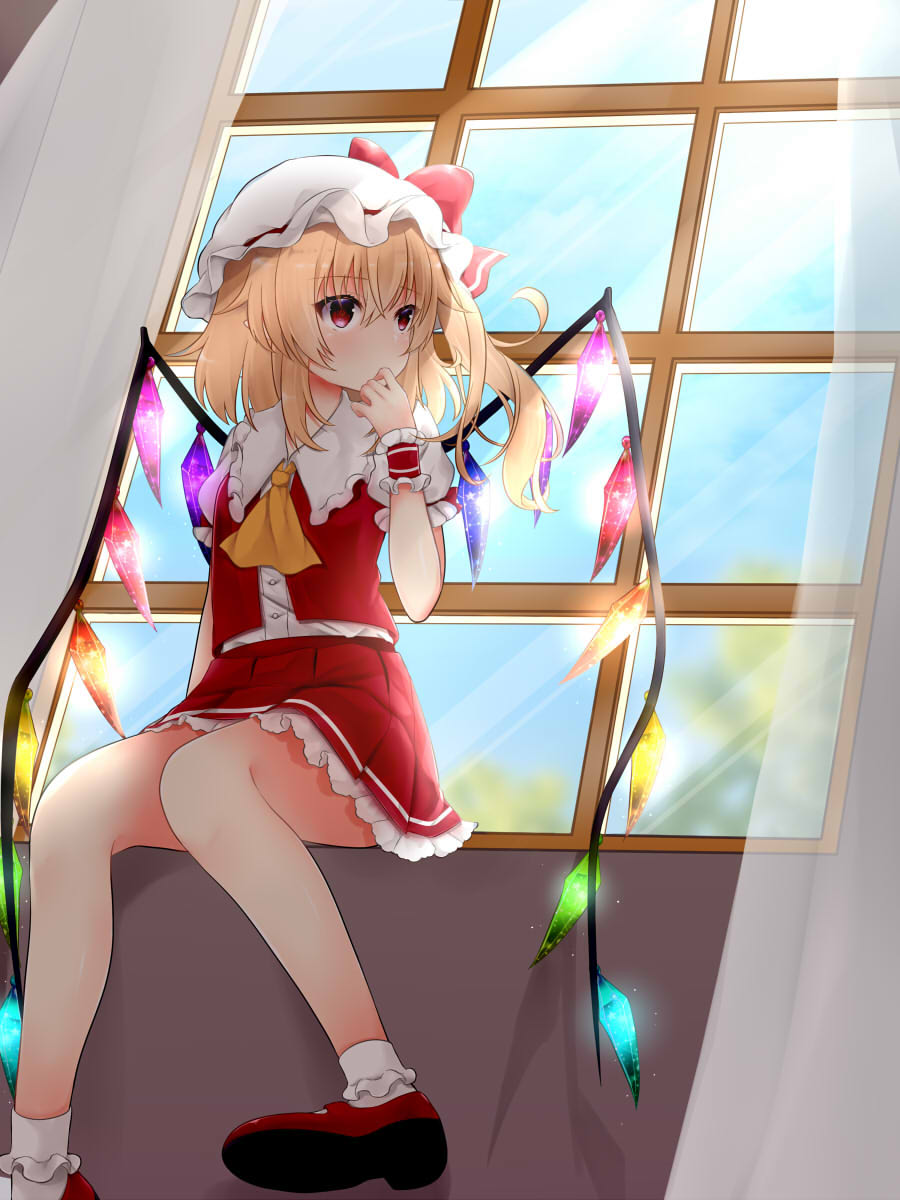 1girl ascot bangs bare_legs blonde_hair buttons crystal curtains day dress_shirt eyebrows_visible_through_hair finger_to_mouth flandre_scarlet hair_between_eyes hand_up hat hat_ribbon highres indoors long_hair looking_to_the_side miniskirt mob_cap puffy_short_sleeves puffy_sleeves red_eyes red_footwear red_skirt red_vest ribbon shirt shoes short_sleeves sitting skirt skirt_set socks solo tosakaoil touhou vest white_hat white_legwear window wings wrist_cuffs yellow_neckwear