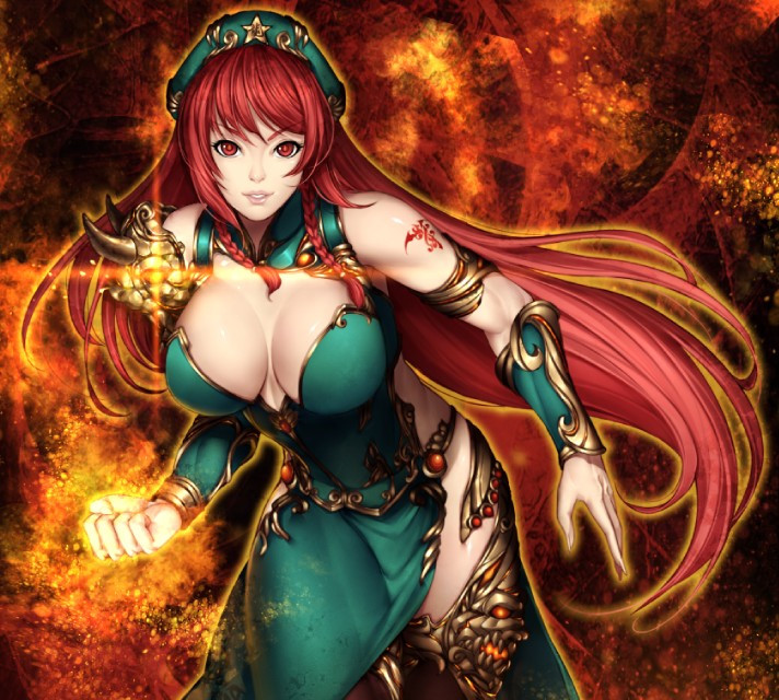 bad_id bad_pixiv_id braid breasts cleavage fire hat hong_meiling kugi_ta_hori_taira large_breasts lips long_hair looking_at_viewer red_eyes red_hair solo star thighhighs touhou twin_braids very_long_hair