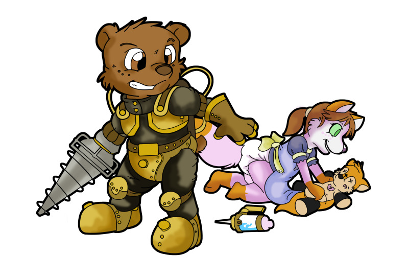 bear big_daddy bioshock canine clothed clothing costume cub diaper dress drill female little_sister male mammal mechanical plain_background plushie safe smile syringe video_games weapon white_background young