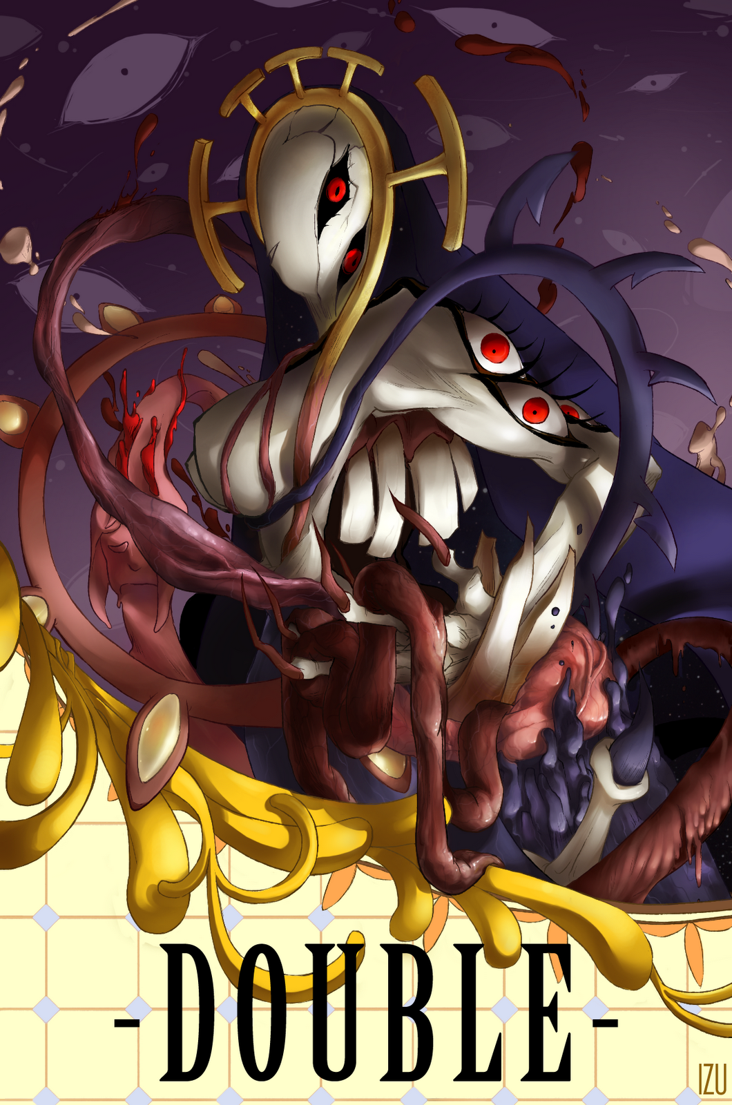 blood breasts double_(skullgirls) extra_eyes highres izu_(potential_for_art) large_breasts monster nun skullgirls solo teeth