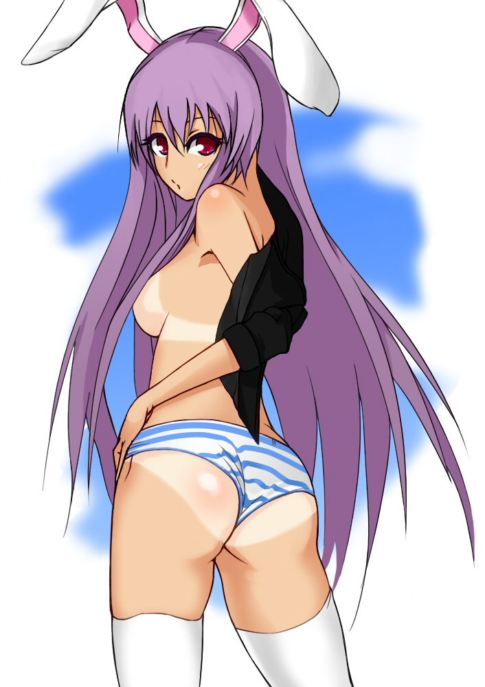 animal_ears anzuu ass breasts bunny_ears long_hair looking_back medium_breasts no_bra no_pants open_clothes open_shirt panties purple_hair red_eyes reisen_udongein_inaba shirt sideboob sleeves_rolled_up solo striped striped_panties tan tanline thighhighs touhou underwear very_long_hair white_legwear