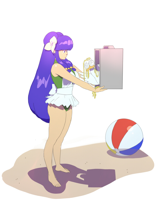 apron ball bangs barefoot beachball bird coke-bottle_glasses delivery duck flower food food_delivery_box glasses hair_bobbles hair_flower hair_ornament long_hair mousse mousse_(duck) noodles one-piece_swimsuit purple_hair ranma_1/2 shampoo_(ranma_1/2) sidelocks swimsuit teben-the-every very_long_hair