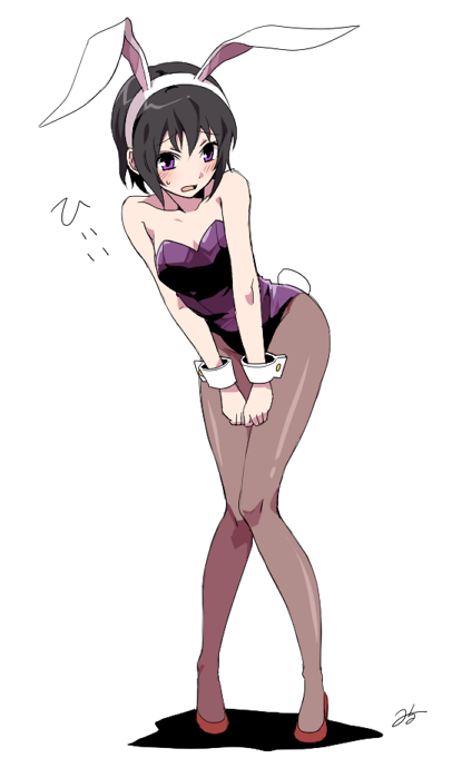 animal_ears black_hair bunny_ears bunny_tail bunnysuit milcho original pantyhose purple_eyes short_hair solo tail wrist_cuffs