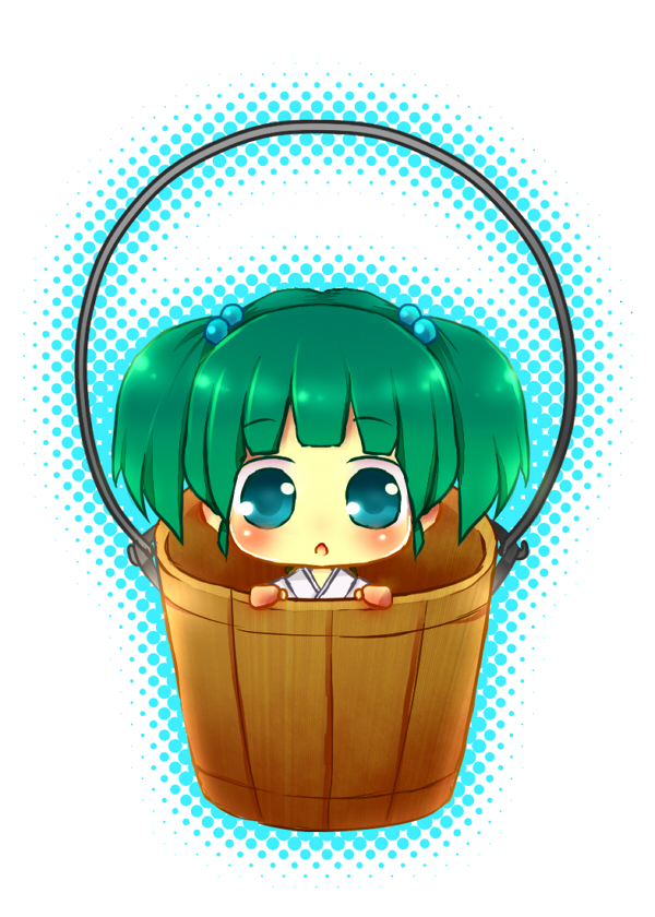 aqua_eyes blush bucket green_hair hair_bobbles hair_ornament in_bucket in_container kisume open_mouth shinya_(sina) short_hair solo touhou twintails wooden_bucket