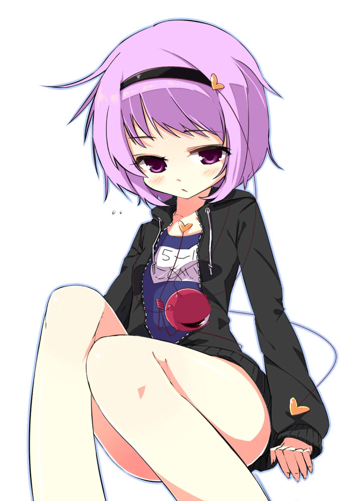 alternate_costume bare_legs blush contemporary eyebrows hairband heart jacket komeiji_satori name_tag one-piece_swimsuit outline purple_eyes purple_hair school_swimsuit school_uniform shamo_(koumakantv) short_hair simple_background solo swimsuit swimsuit_under_clothes third_eye touhou track_suit white_background zipper