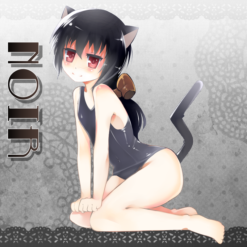 animal_ears bad_id bad_pixiv_id barefoot black_hair blush cat_ears cat_tail character_name dog_days hair_ribbon long_hair noir_vinocacao one-piece_swimsuit red_eyes ribbon school_swimsuit seiza sitting smile solo swimsuit tail tail_raised taosym