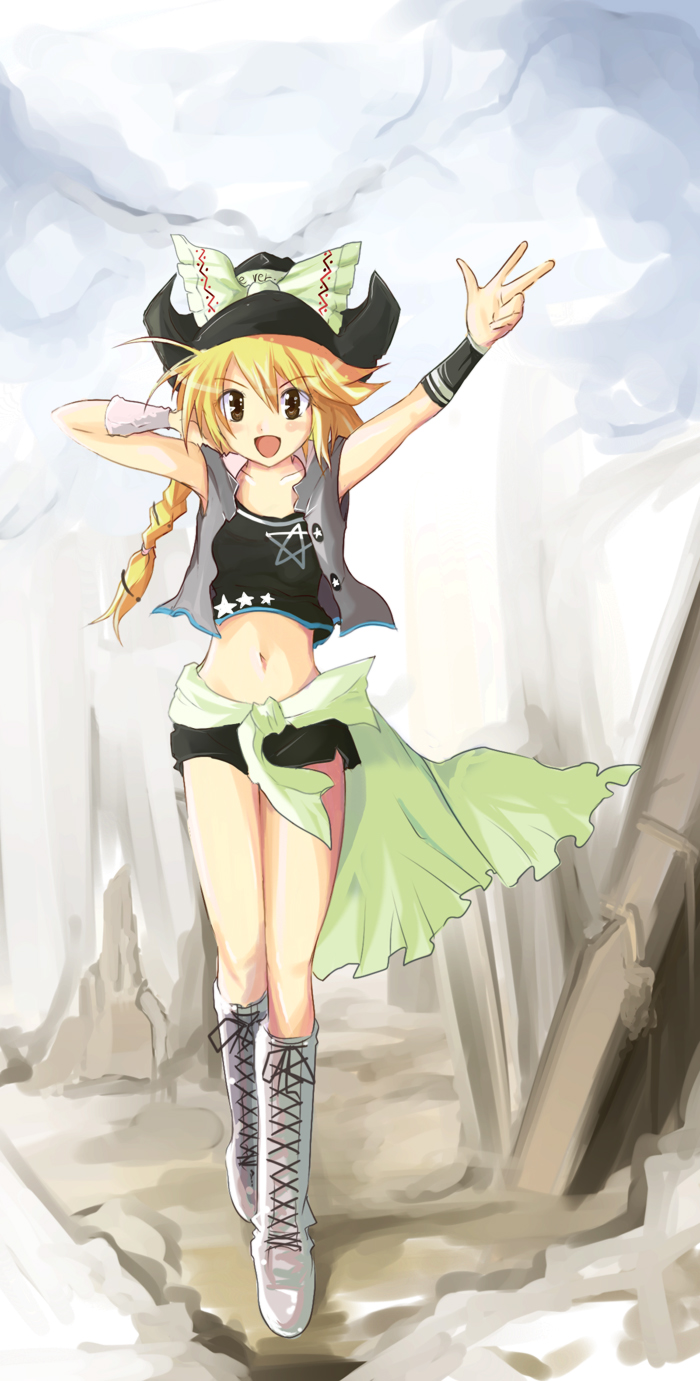 advent_cirno alternate_costume bad_id bad_pixiv_id blonde_hair blush bow braid collarbone crop_top crop_top_overhang cross-laced_footwear echizen_(hvcv) hat hat_bow highres kirisame_marisa midriff navel open_mouth short_hair short_shorts shorts side_braid single_braid solo touhou v vest white_bow wristband