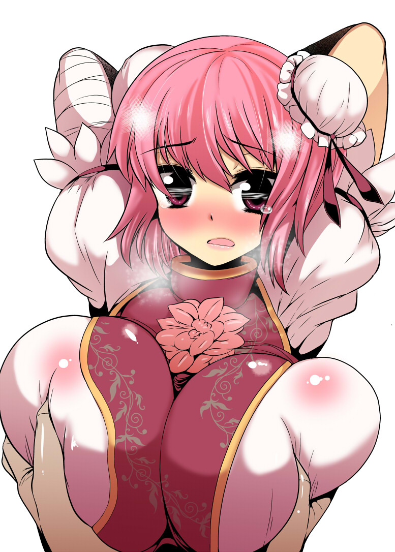 78rr arms_up bandages blush breast_grab breast_squeeze breasts double_bun grabbing huge_breasts ibaraki_kasen looking_at_viewer open_mouth pink_hair short_hair simple_background solo_focus tears touhou white_background