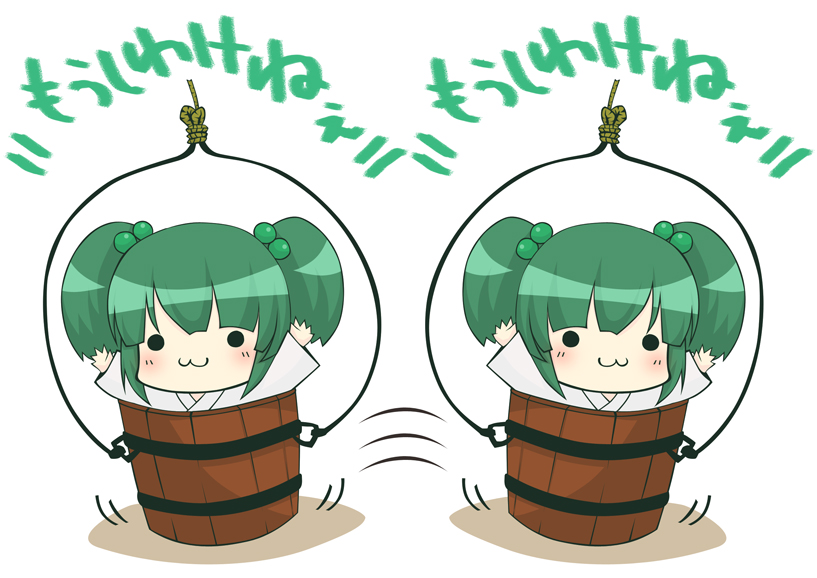:3 blush bucket clone green_hair hair_bobbles hair_ornament in_bucket in_container kisume long_sleeves multiple_girls nagamo_sakana outstretched_arms short_hair smile touhou translated twintails wooden_bucket