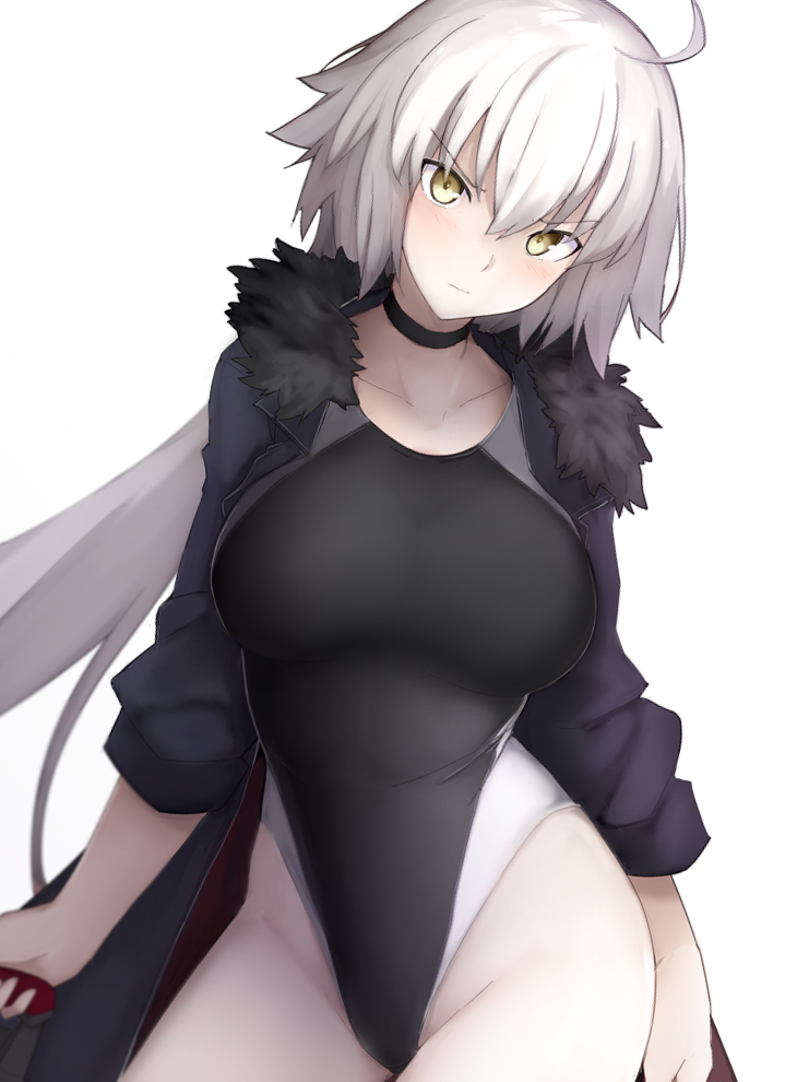 1girl ahoge arms_at_sides bangs black_choker black_jacket black_swimsuit breasts choker commentary_request competition_swimsuit cosplay cowboy_shot fate/grand_order fate_(series) frown fur-trimmed_jacket fur_trim grey_background groin hair_between_eyes head_tilt holding jacket jeanne_d'arc_(alter)_(fate) jeanne_d'arc_(fate)_(all) jeanne_d'arc_(swimsuit_archer) jeanne_d'arc_(swimsuit_archer)_(cosplay) jeanne_d'arc_(alter)_(fate) jeanne_d'arc_(fate)_(all) jeanne_d'arc_(swimsuit_archer) jeanne_d'arc_(swimsuit_archer)_(cosplay) large_breasts long_hair long_sleeves looking_at_viewer mobu one-piece_swimsuit open_clothes open_jacket simple_background solo swimsuit v-shaped_eyebrows white_background white_hair yellow_eyes