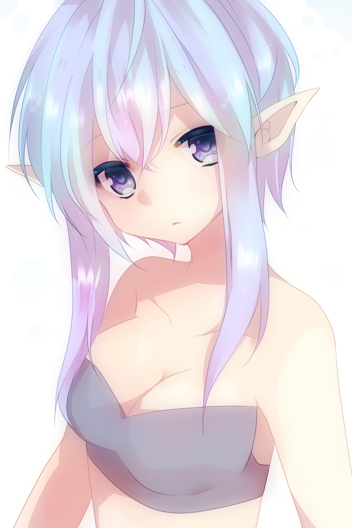 bare_shoulders breasts colored_eyelashes face lavender_eyes lavender_hair long_hair medium_breasts original pointy_ears simple_background solo takeshima_(nia) upper_body white_background