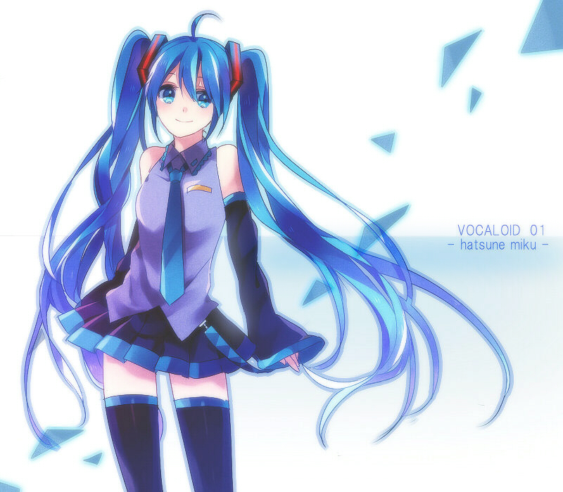 ahoge bad_id bad_pixiv_id blue_eyes blue_hair character_name detached_sleeves hatsune_miku long_hair necktie skirt smile solo thighhighs twintails very_long_hair vocaloid yori_(y_rsy)