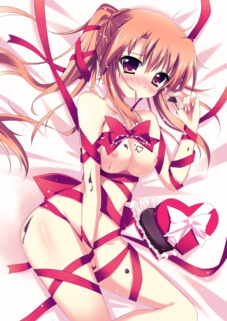 blush bow breasts chocolate hair_in_mouth heart large_breasts long_hair looking_at_viewer naked_ribbon nipples orange_hair original raiou red_eyes ribbon solo twintails valentine
