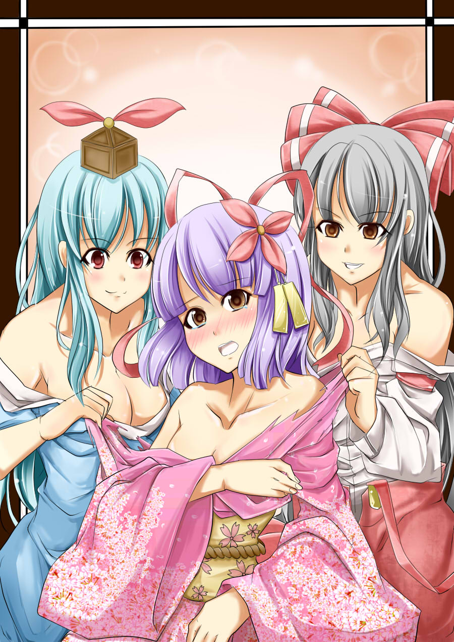 bare_shoulders breasts brown_eyes cleavage cover fujiwara_no_mokou hieda_no_akyuu highres imminent_rape japanese_clothes kamishirasawa_keine medium_breasts multiple_girls red_eyes tears tenko_(gintenko) touhou undressing yuri