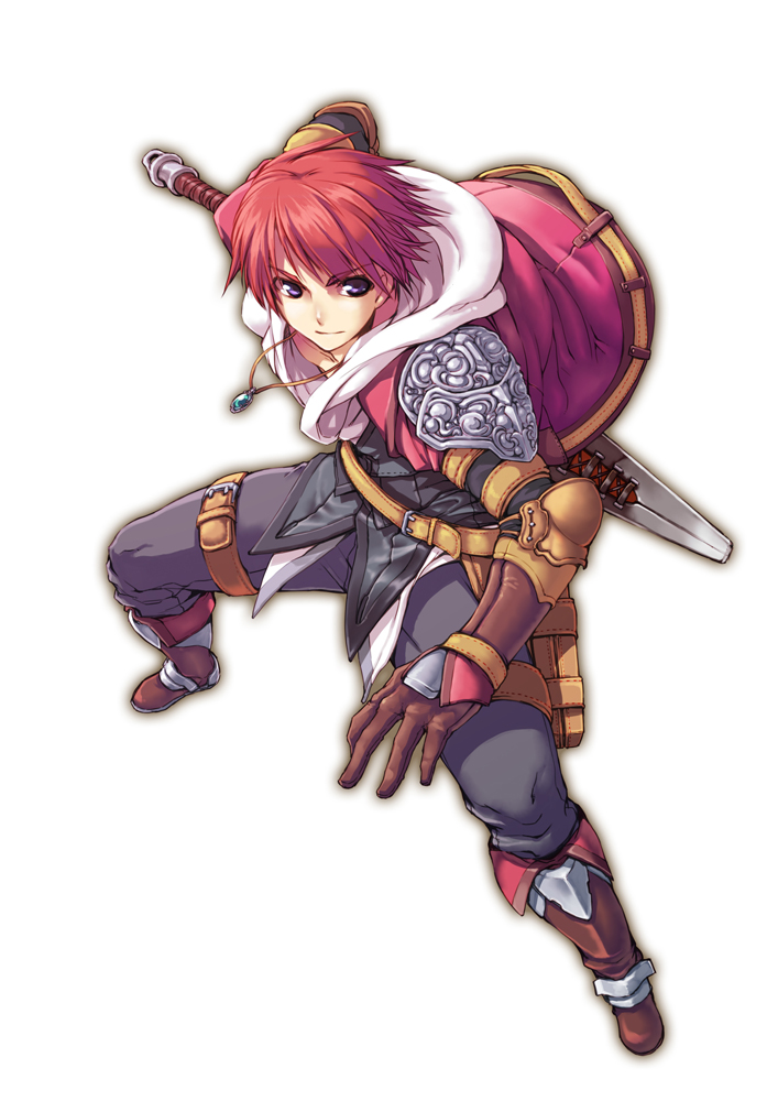 adol_christin armor boots coat full_body gloves jewelry knee_boots male_focus pants pendant purple_eyes quecho red_hair smile solo sword weapon white_background ys ys_memories_of_celceta