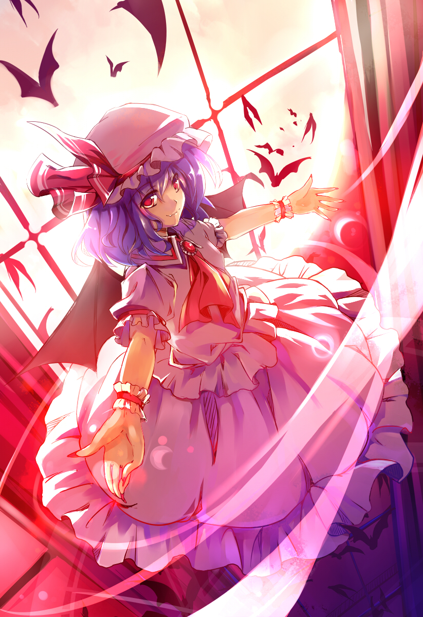 baisi_shaonian bat bat_wings blue_hair dress fangs full_moon hat hat_ribbon highres moon night outstretched_arms puffy_sleeves red_eyes red_moon remilia_scarlet ribbon short_hair short_sleeves smile solo touhou window wings wrist_cuffs