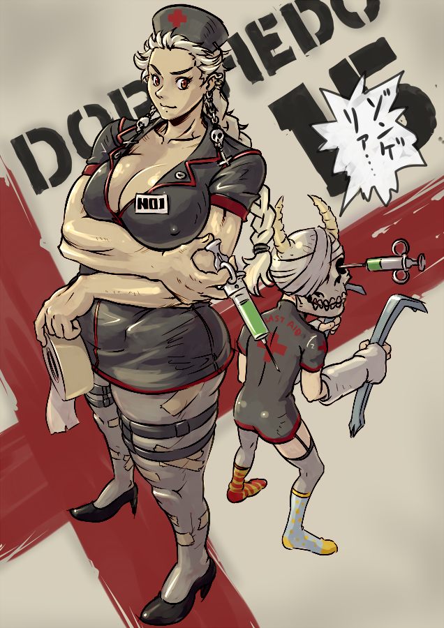 breasts cleavage covered_nipples crowbar dorohedoro earrings ebisu_(dorohedoro) hat horns jewelry large_breasts mikoyan multiple_girls muscle muscular_female noi_(dorohedoro) nurse_cap pantyhose red_eyes silver_hair syringe tape thick_thighs thighs